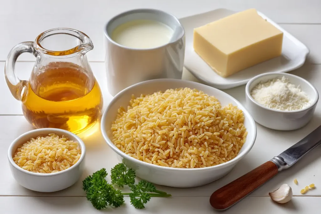White tabletop with bowls of uncooked pastina, broth, milk, butter, Parmesan, garlic, parsley, salt & pepper