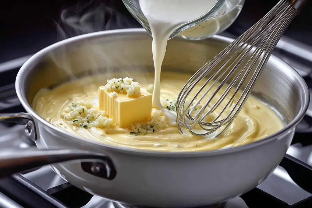 White saucepan of bubbling golden broth with pastina stars being stirred by a spoon
