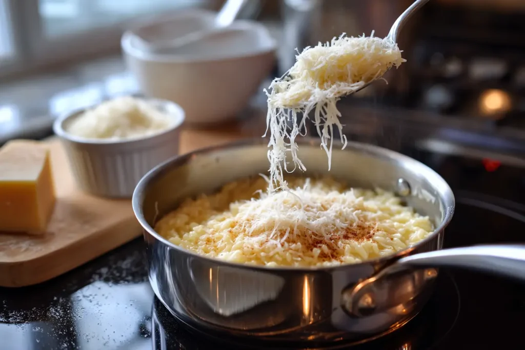 Creamy milk being poured into a white saucepan as butter melts and garlic floats in