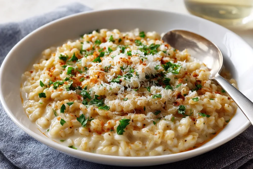 Grated Parmesan falling from a spoon into a creamy pot of pastina.