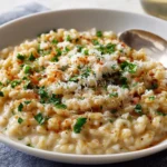Grated Parmesan falling from a spoon into a creamy pot of pastina.