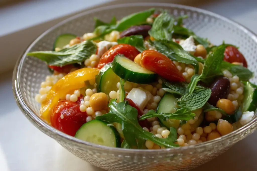Bowl of vibrant pearl couscous salad mixed with chickpeas, cherry tomatoes, cucumber slices, arugula, olives, mint, and feta.
