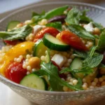 Bowl of vibrant pearl couscous salad mixed with chickpeas, cherry tomatoes, cucumber slices, arugula, olives, mint, and feta.