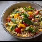Close-up of a bowl of pearl couscous salad with chickpeas, yellow and red cherry tomatoes, cucumber, red onion, and fresh mint leaves.