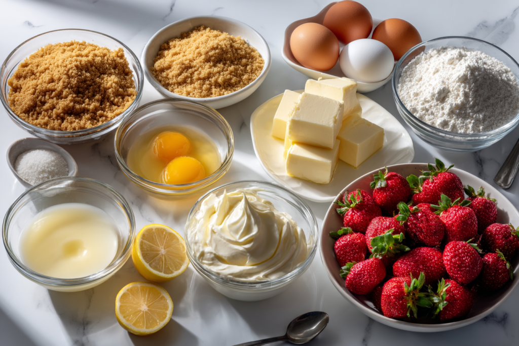 Overhead shot of ingredients including strawberries, butter, eggs, cream cheese, and sugar on a white marble kitchen table
