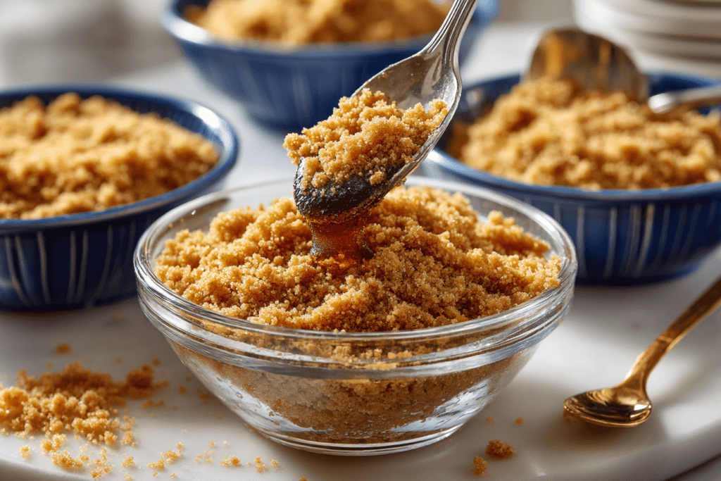 A spoon stirring graham cracker crumbs and melted butter in a clear glass bowl on a white surface