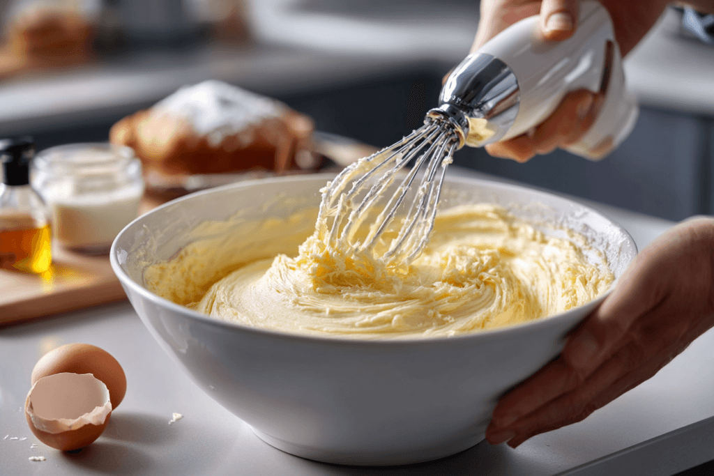 Electric mixer blending cream cheese and eggs in a large white bowl with vanilla and cracked egg nearby