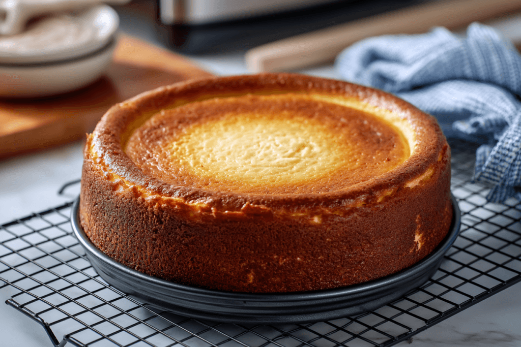 Golden baked cheesecake in a springform pan cooling on a wire rack