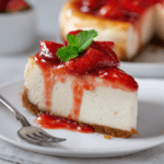 Slice of strawberry cheesecake topped with fresh strawberries and mint on a white plate