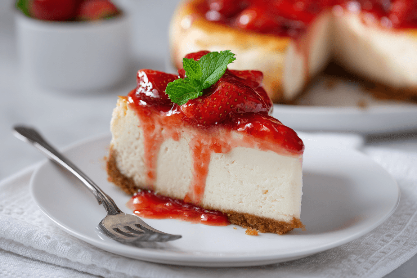 Slice of strawberry cheesecake topped with fresh strawberries and mint on a white plate