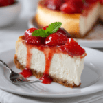 Slice of strawberry cheesecake topped with fresh strawberries and mint on a white plate
