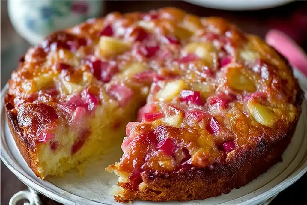 Round Rhubarb Pudding Cake topped with caramelized rhubarb pieces, served on a white plate.