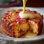 Moist Rhubarb Pudding Cake topped with warm vanilla sauce, served on a white plate.