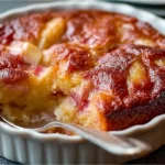 Freshly baked Rhubarb Pudding Cake with a golden crust and juicy rhubarb filling.