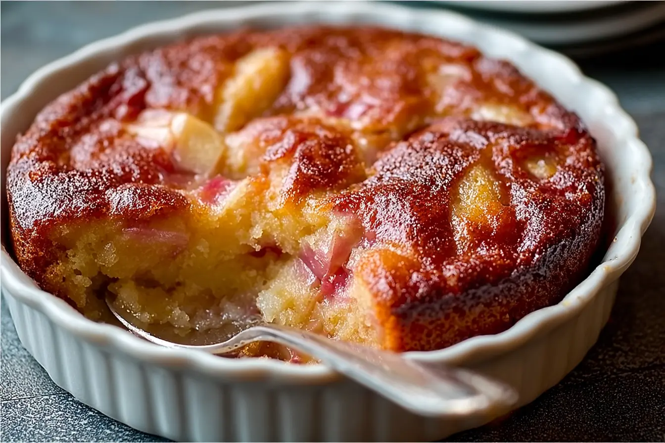 Freshly baked Rhubarb Pudding Cake with a golden crust and juicy rhubarb filling.