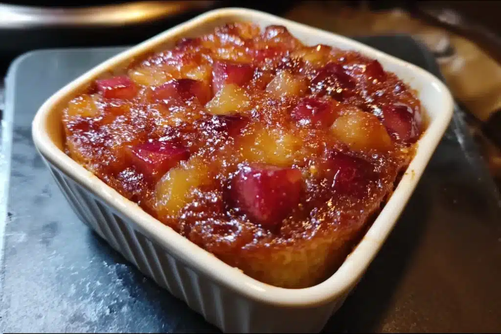 Baked Sticky Rhubarb Pudding served warm in bowl showing golden cake layer and sticky sauce underneath