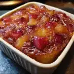 Baked Sticky Rhubarb Pudding served warm in bowl showing golden cake layer and sticky sauce underneath