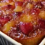 Baked Sticky Rhubarb Pudding served warm in bowl showing golden cake layer and sticky sauce underneath