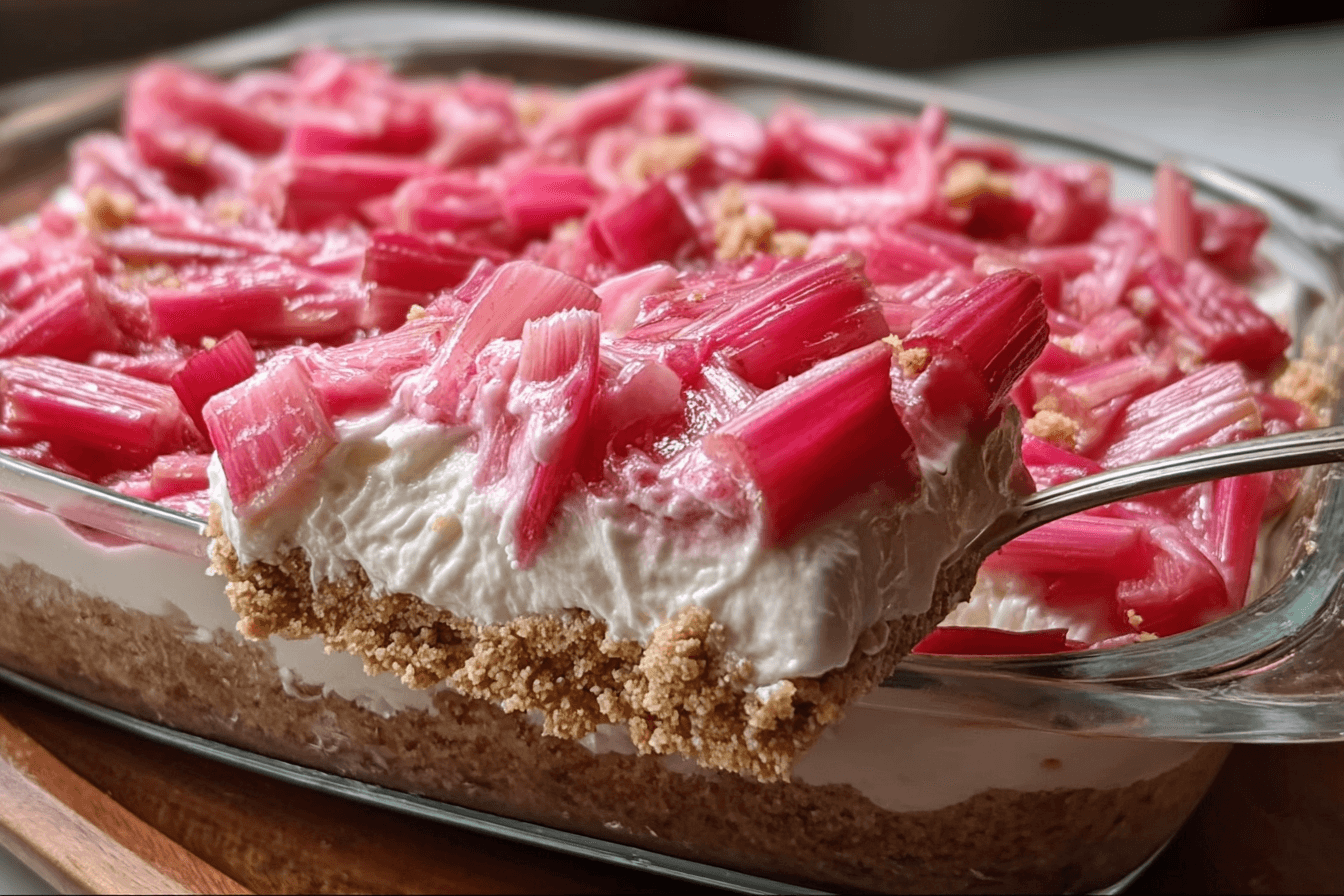 No-Bake Rhubarb Dessert cut into squares showing three layers of graham cracker crust, cream cheese filling, and pink rhubarb topping