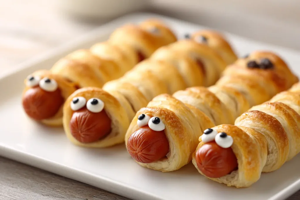 Crescent roll mummy hot dogs with candy eyes served on a white plate for Halloween party snack.