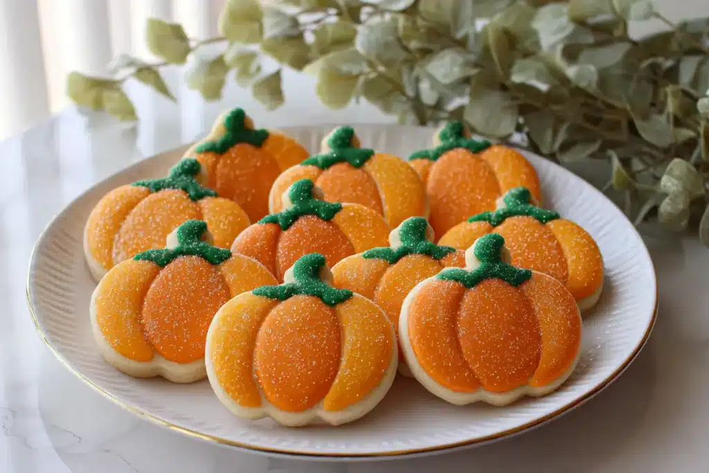 Round sugar cookies decorated like pumpkins with orange sugar and green icing stems.