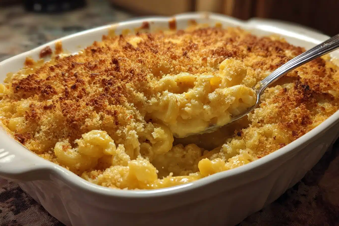 Homemade Baked Mac and Cheese on white table