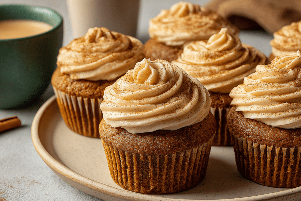Pumpkin spice cupcakes topped with cream cheese frosting and cinnamon dust, warm soft light, cozy homemade dessert presentation.