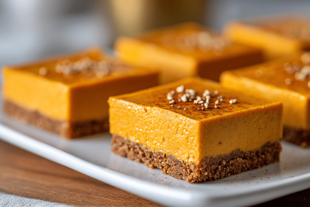 Smooth pumpkin cheesecake bars with gingersnap crust and cinnamon sprinkle, neatly arranged on a white plate under natural light.