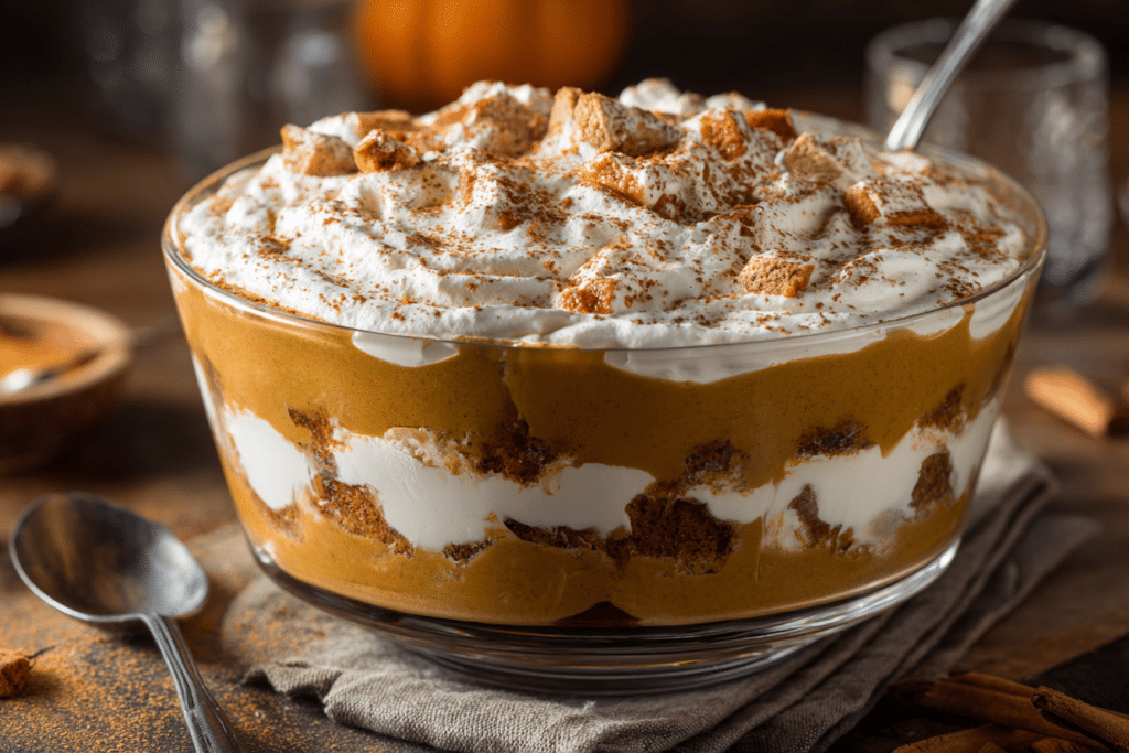 Homemade pumpkin trifle in a glass bowl with layers of whipped cream, cake, and pumpkin mousse, spoon inside, cozy kitchen light.