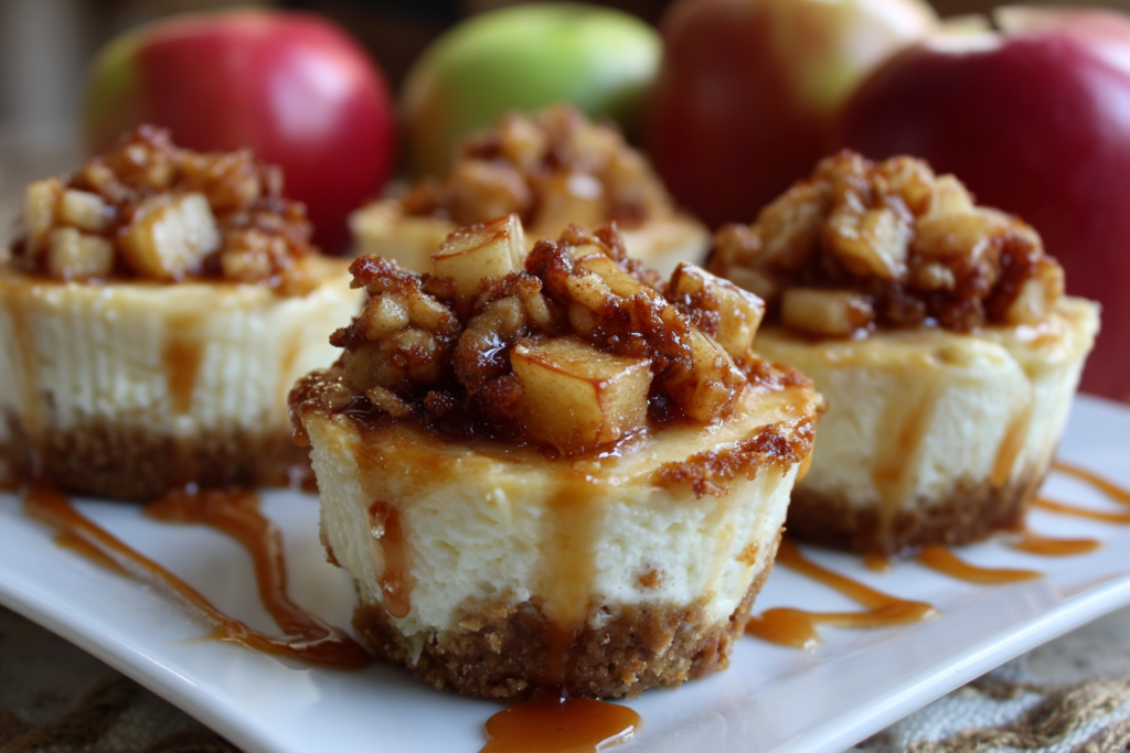 Mini apple crisp cheesecakes topped with caramelized apple cubes and oat crumble, plated on white ceramic, warm natural lighting.