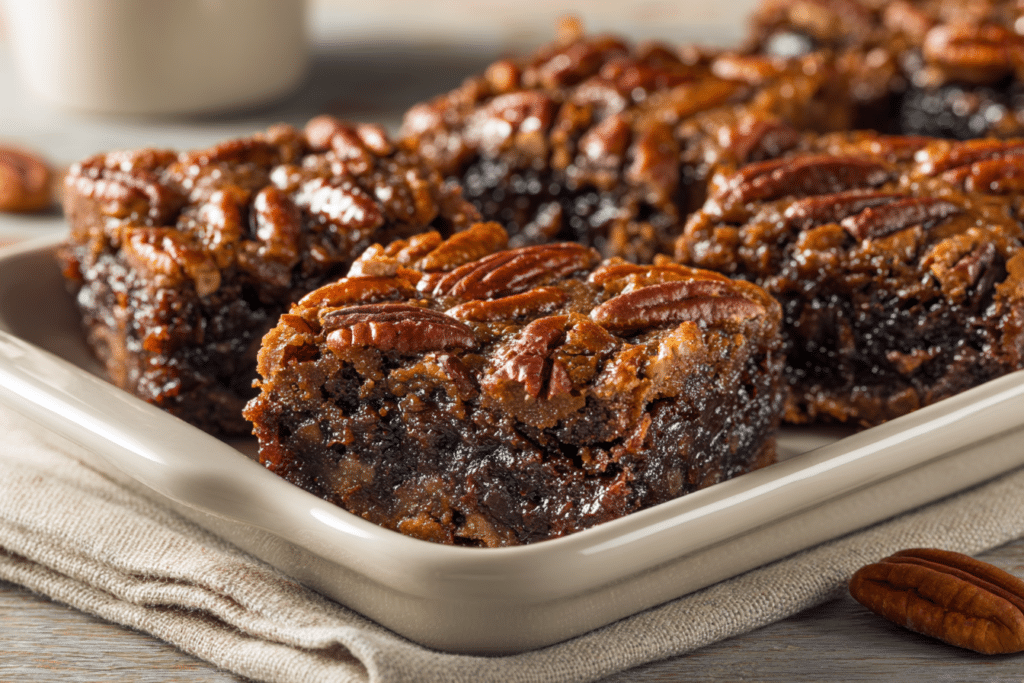 Close-up of chocolate pecan pie bars with shiny pecans and melted chocolate on top, served on a plate with cozy daylight tones.
