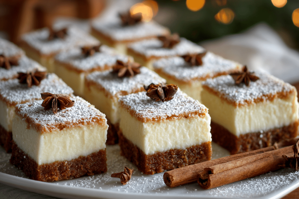 Gingerbread Cheesecake Bars with Spices and Sugar Dusting
