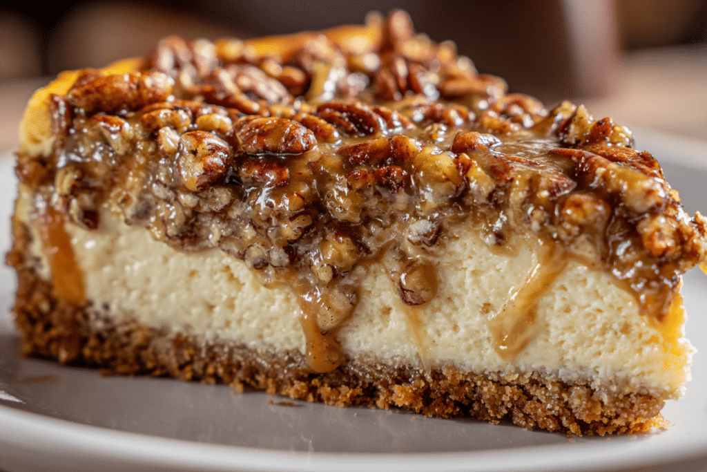 Slice of pecan pie cheesecake showing glossy caramel pecans and creamy cheesecake filling, served on a clean plate under warm natural light.