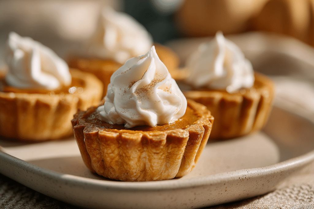 Homemade mini pumpkin pies with golden crusts and whipped cream swirls, arranged on a dish with cozy autumn daylight.