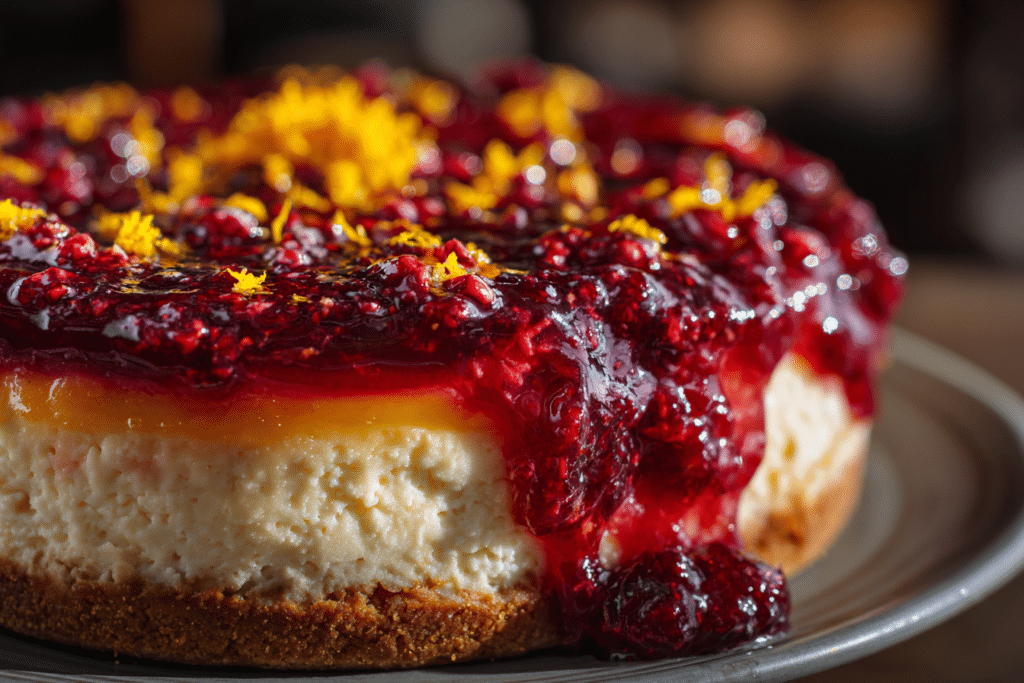 Cranberry orange cheesecake topped with glossy red cranberry glaze and orange zest curls, sliced on a white plate, warm daylight.
