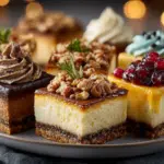 Beautiful Thanksgiving dessert table featuring pumpkin cheesecake bars, pecan pie cheesecake, mini pumpkin pies, and cupcakes, in natural daylight with cozy fall decor.