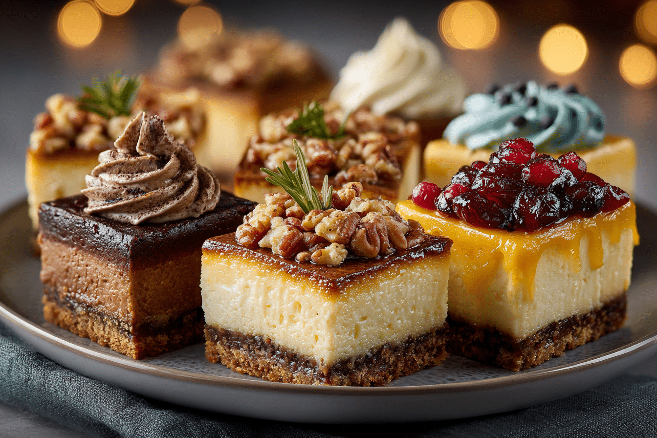 Beautiful Thanksgiving dessert table featuring pumpkin cheesecake bars, pecan pie cheesecake, mini pumpkin pies, and cupcakes, in natural daylight with cozy fall decor.